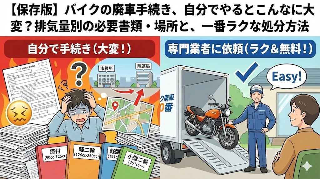 バイク廃車110番|【保存版】バイクの廃車手続き、自分でやるとこんなに大変?排気量別の必要書類・場所と、一番ラクな処分方法|自分で手続き大変|市役所|専門業者に依頼(ラク&無料)