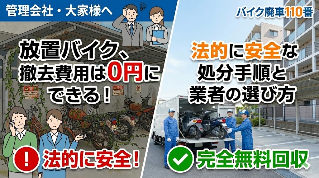 バイク廃車110番|管理会社・大家様へ 放置バイク撤去費用は0円にできる|法的に安全な処分手順と業者の選び方|完全無料回収