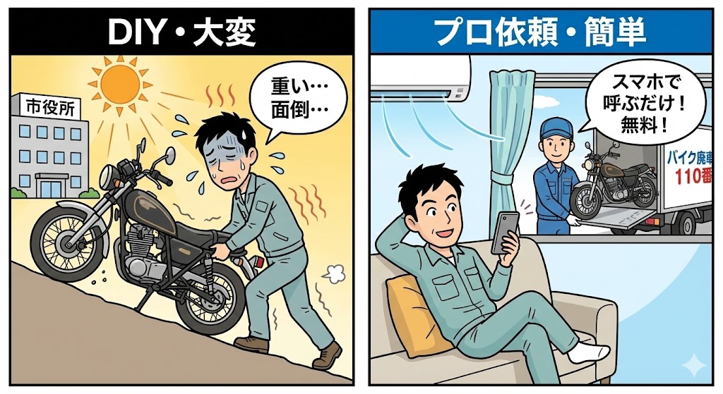 バイク廃車110番|バイク廃車手続きの比較イラスト。左側:汗だくで原付を押して役所へ行く「自分で処分」の大変さ。右側:スマホ1つで依頼できる「無料回収業者」の手軽さ。