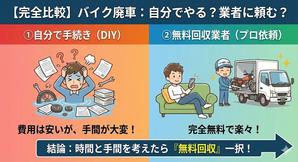 【2026年最新】バイク廃車手続き完全ガイド。自分でやる方法と業者依頼の違いをプロが解説するアイキャッチ画像