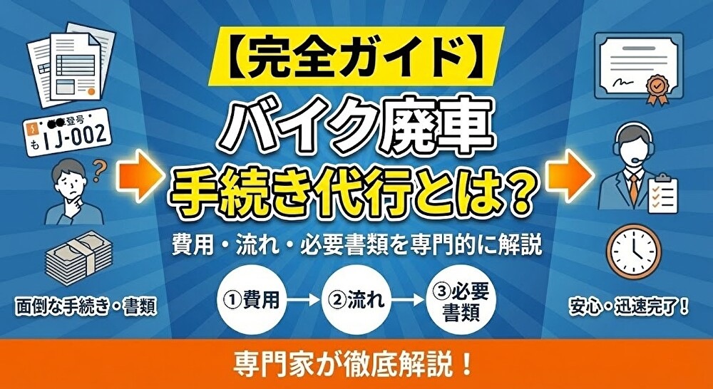 【完全ガイド】バイク廃車手続き代行の費用・流れ・必要書類を解説する記事のアイキャッチ。面倒な役所手続きをプロが代行するメリットを説明。