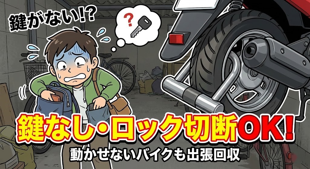 バイク廃車110番|鍵なし、ロック切断OK|動かせないバイクも出張回収