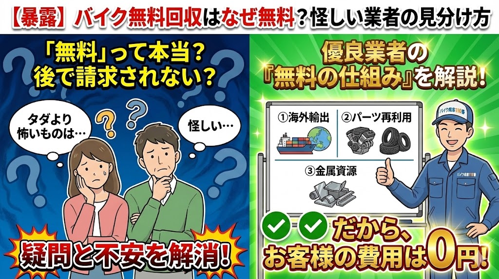 バイク廃車110番|「バイク無料回収」はなぜ無料?怪しい業者の見分け方|疑問と不安を解消|優良業者の「無料の仕組み」を解説|お客様の費用は0円