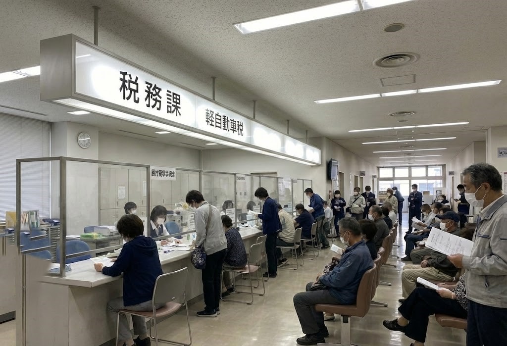 バイク廃車110番|原付バイクの廃車手続きなどを行う、役所の税務課窓口の混雑イメージ。3月などの繁忙期には多くの人が手続きに訪れ、長い待ち時間が発生することがある。