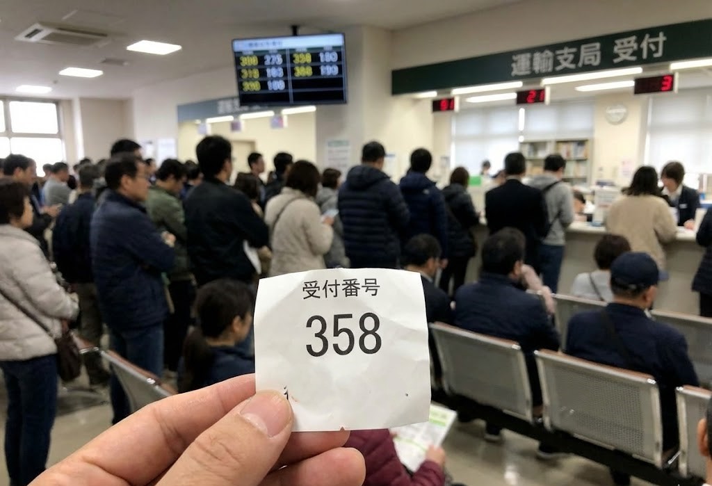 バイク廃車110番|126cc以上のバイク(軽二輪・小型二輪)の廃車手続きを行う運輸支局の混雑イメージ。窓口での受付番号札と、手続き待ちの様子。