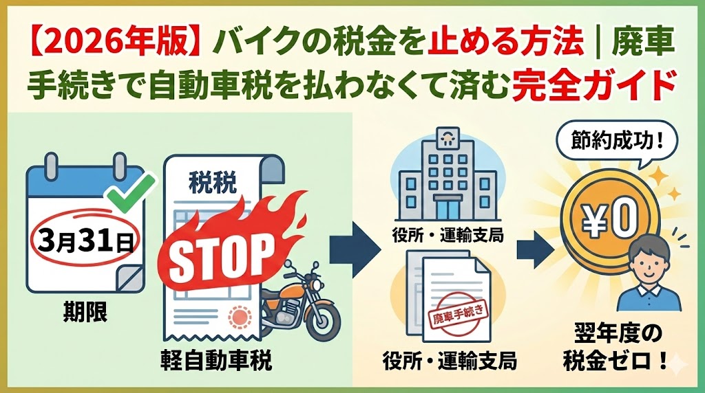 バイク廃車110番|【2026年版】バイクの税金を止める方法|廃車手続きで自動車税を払わなくて済む完全ガイド。3月31日という期限と、手続きによって翌年度の税金が0円になるメリットを強調したアイキャッチイラスト。