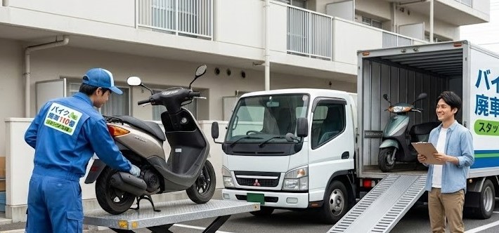 バイク廃車110番|引っ越し当日に関東でバイクの無料回収、トラックに原付を積載する様子