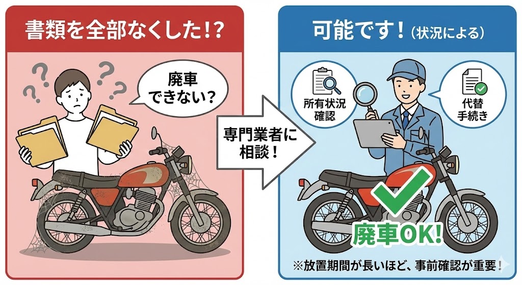 書類を全部紛失していてもバイクの廃車手続きが可能であることを説明するイラスト。専門業者が所有状況の確認や代替手続きを行うことで、手元に書類がない場合や長期間放置されたバイクでも問題なく処分できることを図解。