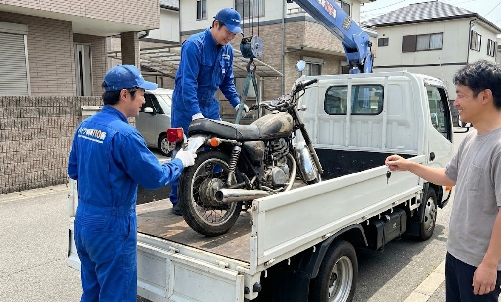 バイク廃車110番による出張引き取りサービスの作業風景。自走できない状態のバイクでも、安全に回収可能。スタッフがお客様から鍵を受け取り、手続きを進めています。