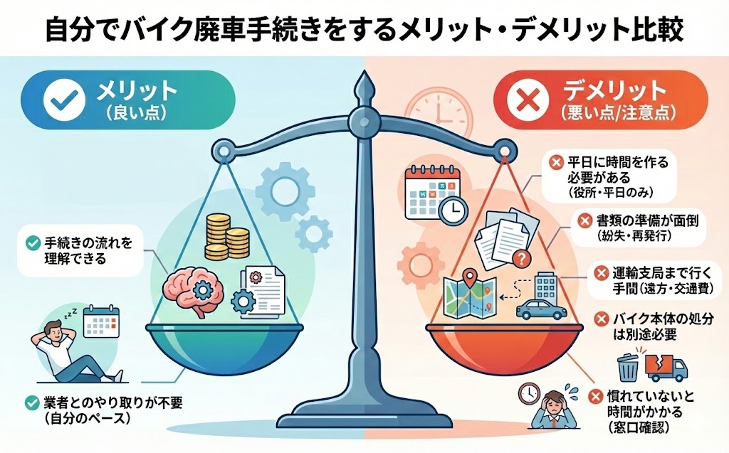 バイク廃車110番|バイクの廃車手続きを自分で行うメリット・デメリットの比較。「手続きの流れを理解できる」という利点に対し、「平日に役所へ行く必要がある」「書類準備が面倒」「車両本体の処分は別途必要」といった手間や時間のリスクを解説した図。