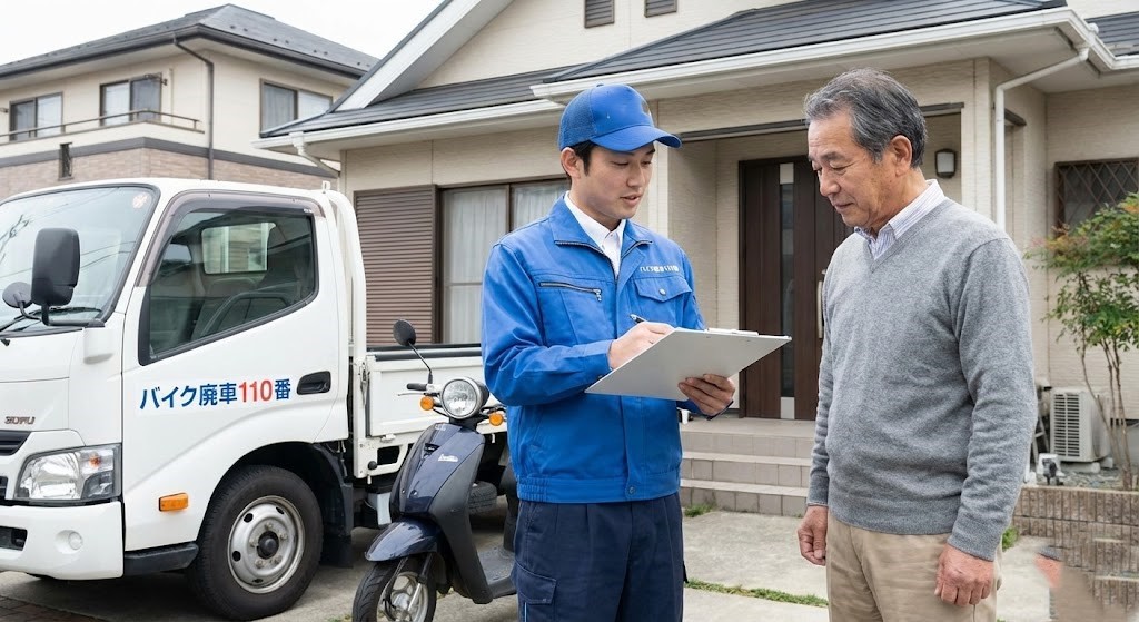 バイク廃車110番|バイクの無料回収の際に、お客様へ引き取り内容や廃車手続きについて説明をするスタッフ