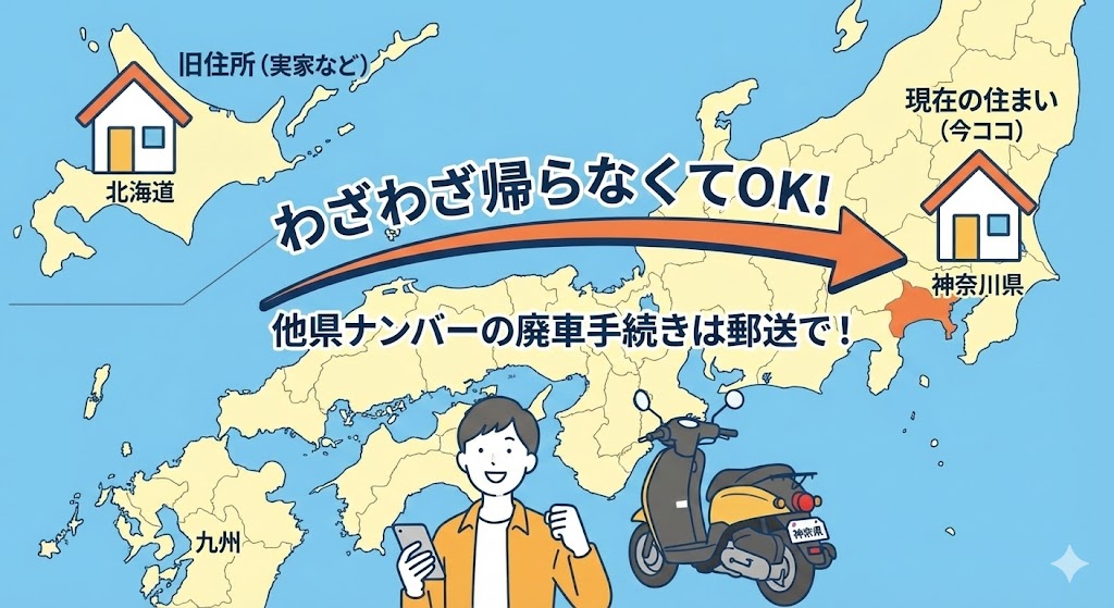 バイク廃車110番|日本地図のイラスト。遠方の実家(旧住所)から現在の住まいへ矢印が伸び、「帰らなくてOK」と書かれている。他県ナンバーのバイク処分イメージ。