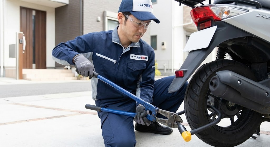 バイク廃車110番|鍵なし、ロック切断OK|動かせないバイクも出張回収|鍵を切断するプロスタッフ