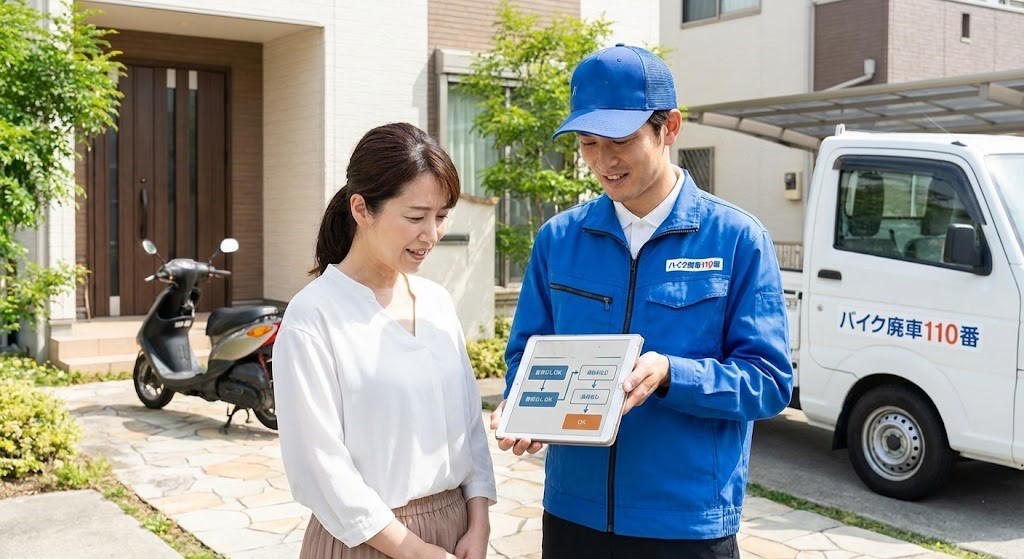 バイク廃車110番|標識交付証明書などの書類を紛失して困っているお客様へ、無料引き取り回収と廃車手続き代行OKの旨を丁寧に説明。