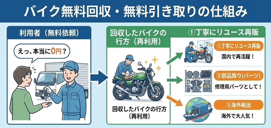バイク無料回収・無料引き取りの仕組みを図解したイラスト。回収したバイクが「リユース再販」「部品取り」「海外輸出」として再利用されることで価値が生まれ、その結果として利用者の処分費用が0円になる理由を説明している。