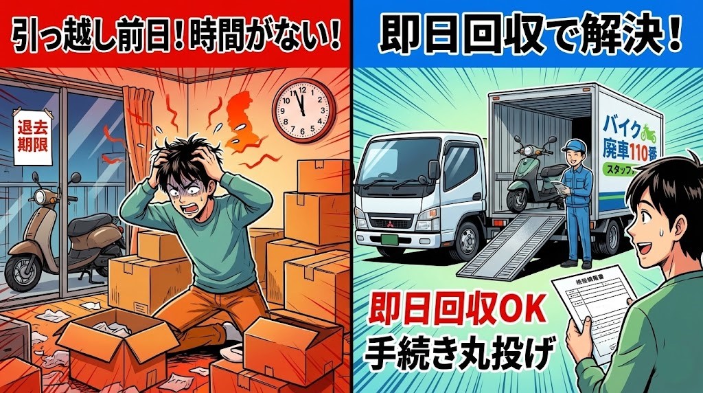 バイク廃車110番|引っ越し前日でバイクを処分する時間がない|即日回収で解決、廃車手続き丸投げ