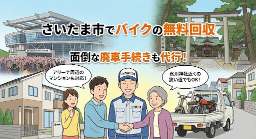 さいたま市のバイク無料回収・廃車手続き代行の案内。背景にさいたまスーパーアリーナと氷川神社、スタッフと利用者が握手する安心感のあるイラスト。