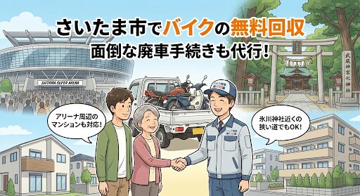 さいたま市でのバイク処分サービス。アリーナ周辺や氷川神社近くの狭い道にも対応するバイク廃車110番の無料回収イメージ。