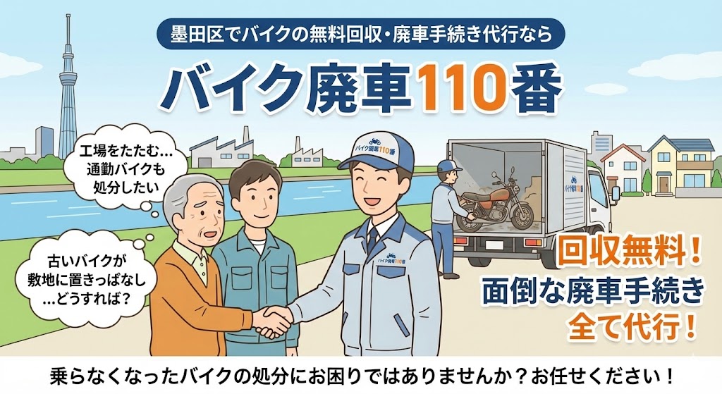 墨田区でバイクの無料回収と廃車手続き代行を行う「バイク廃車110番」のイラスト。東京スカイツリーが見える墨田区の風景を背景に、笑顔のスタッフがお客様と握手し、バイクをトラックへ積み込んでいる様子。「回収無料」「手続き代行」の文字。