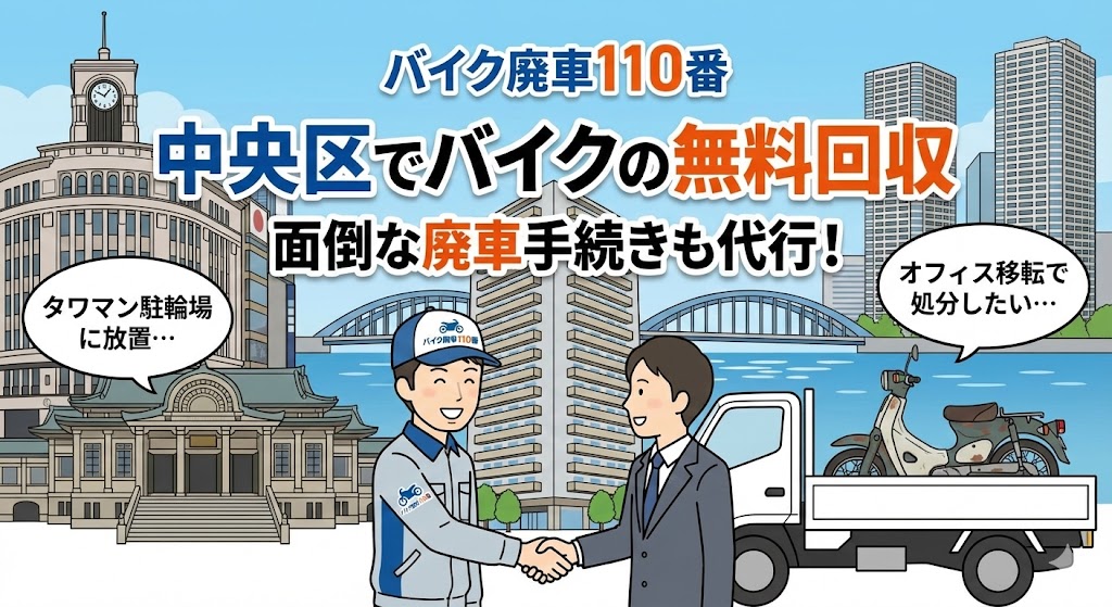 中央区でバイクの無料回収と廃車代行を行う「バイク廃車110番」のイラスト。銀座の和光、歌舞伎座、勝鬨橋、タワーマンション群を背景に、笑顔のスタッフがお客様と握手し、バイクを軽トラックに積み込んでいる様子。「タワマン駐輪場に放置」「オフィス移転で処分したい」という悩みと、「中央区でバイクの無料回収」「面倒な廃車手続きも代行」の文字。