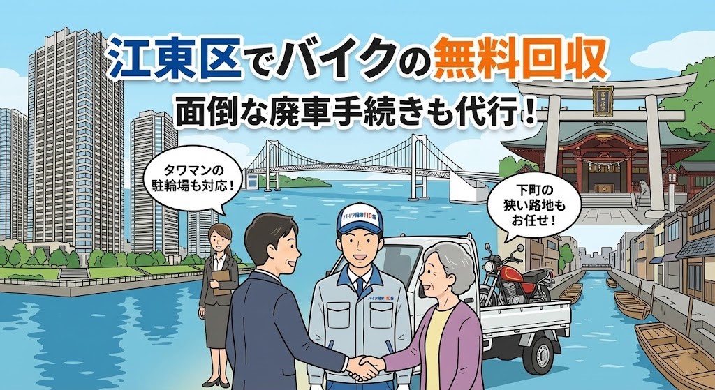 江東区でバイクの無料回収と廃車代行を行う「バイク廃車110番」のイラスト。レインボーブリッジ、湾岸のタワーマンション群、富岡八幡宮、運河といった江東区の風景を背景に、笑顔のスタッフがビジネスマンや高齢の女性と握手し、バイクをトラックへ積み込んでいる様子。「タワマンの駐輪場も対応!」「下町の狭い路地もお任せ!」という悩みへの回答と、「江東区でバイクの無料回収」「面倒な廃車手続きも代行」の文字。