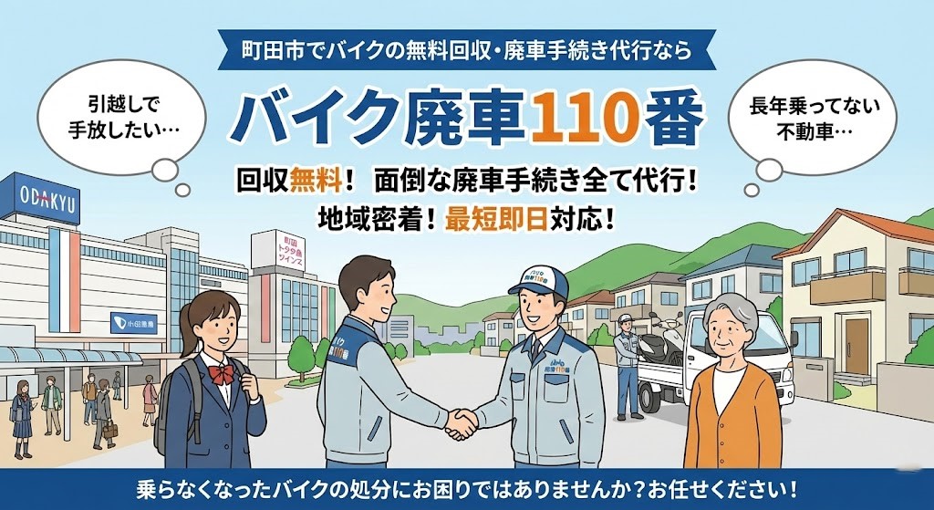 町田市でバイクの無料回収と廃車代行を行う「バイク廃車110番」のイラスト。小田急町田駅周辺や町田東急ツインズ、閑静な住宅街を背景に、笑顔のスタッフが学生や青年、高齢女性と接し、バイクを積んだトラックが停まっている様子。「引越しで手放したい」「長年乗ってない不動車」という悩みと、「回収無料」「手続き全て代行」「最短即日対応」の文字。