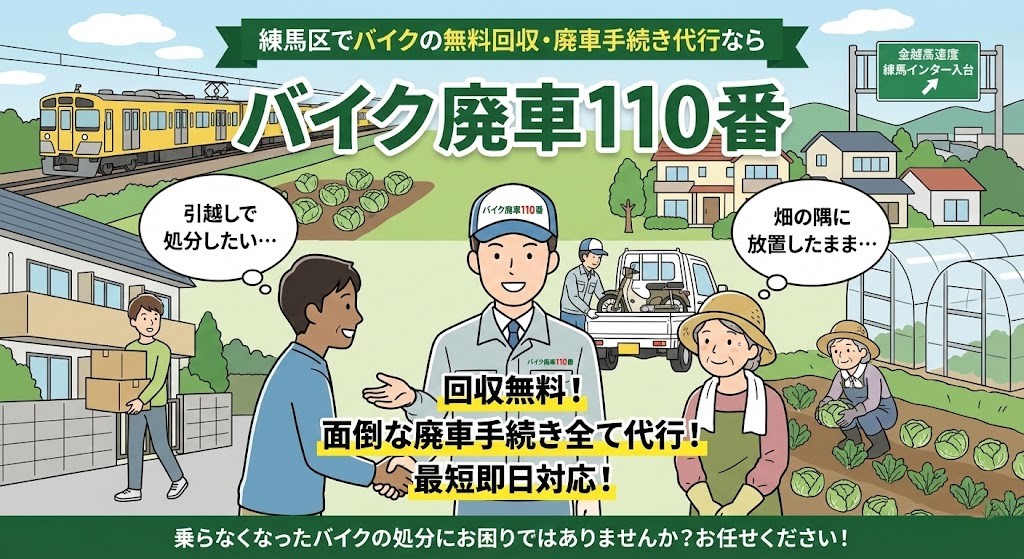 練馬区でバイクの無料回収と廃車代行を行う「バイク廃車110番」のイラスト。西武線の黄色い電車、キャベツ畑、ビニールハウス、練馬インターチェンジ付近の標識がある風景を背景に、笑顔のスタッフが引越し中の男性や農家の女性と握手し、バイクを積んだトラックが停まっている様子。「引越しで処分したい」「畑の隅に放置したまま」という悩みへの共感と、「回収無料」「手続き代行」「最短即日対応」の文字。