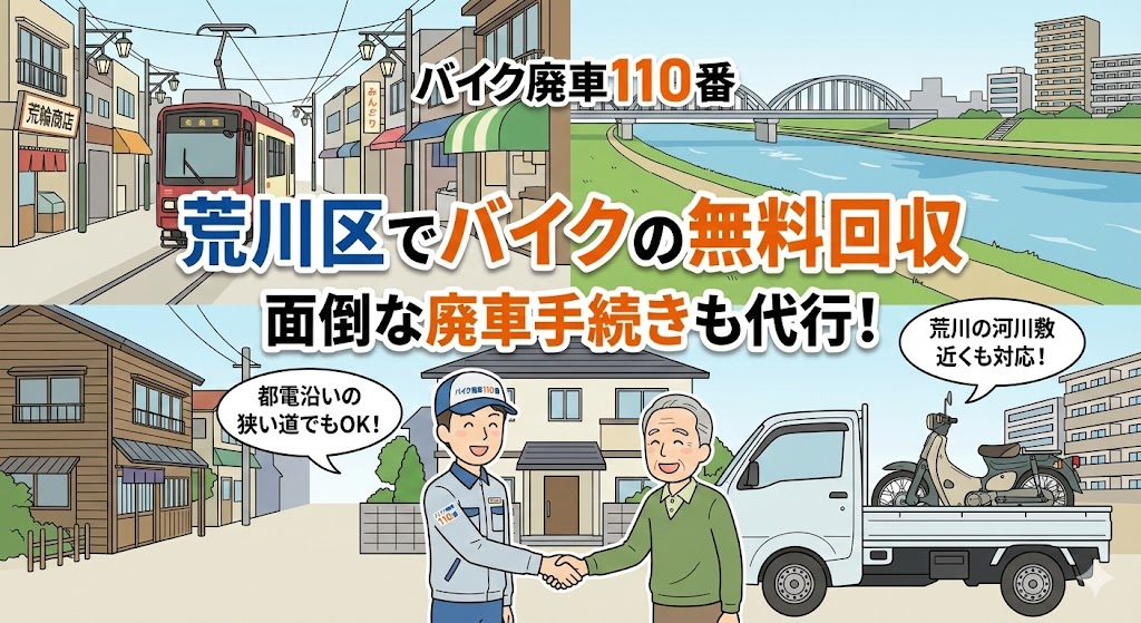 荒川区でバイクの無料回収と廃車代行を行う「バイク廃車110番」のイラスト。都電荒川線の路面電車、荒川の河川敷と橋、下町の古い町並みを背景に、笑顔のスタッフが高齢の男性と握手し、バイクを積んだ軽トラックが停まっている様子。「都電沿いの狭い道でもOK!」「荒川の河川敷近くも対応!」「荒川区でバイクの無料回収」「面倒な廃車手続きも代行」の文字。