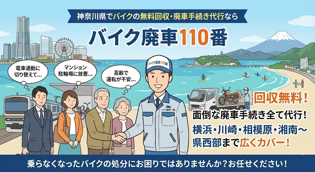 神奈川県全域でバイクの無料回収と廃車代行を行う「バイク廃車110番」のイラスト。横浜みなとみらい、江の島、富士山が見える景色を背景に、笑顔のスタッフがお客様と握手し、バイクをトラックへ積み込んでいる様子。電車通勤者や高齢者など様々な悩みを持つユーザーと「横浜・川崎・相模原・湘南〜県西部まで広くカバー」の文字。