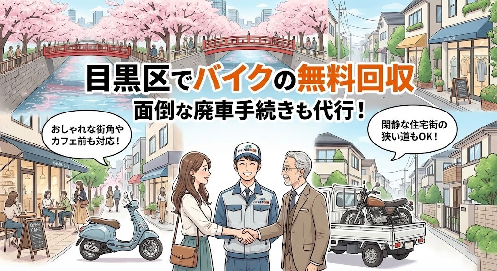 目黒区でバイクの無料回収と廃車代行を行う「バイク廃車110番」のイラスト。桜並木が美しい目黒川と赤い橋、おしゃれなテラスカフェ、閑静な住宅街を背景に、笑顔のスタッフが若い女性や紳士的な高齢男性と握手し、バイクを積んだ軽トラックが停まっている様子。「おしゃれな街角やカフェ前も対応!」「閑静な住宅街の狭い道もOK!」という悩みへの回答と、「目黒区でバイクの無料回収」「面倒な廃車手続きも代行」の文字。