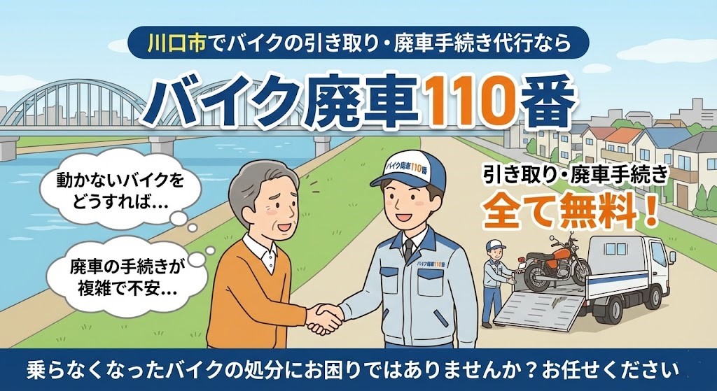 川口市でバイクの引き取りと廃車手続き代行を無料で行う「バイク廃車110番」のイラスト。荒川の橋が見える川口市の風景を背景に、スタッフがお客様と握手し、動かなくなったバイクをトラックへ積み込んでいる様子。「全て無料」の文字。