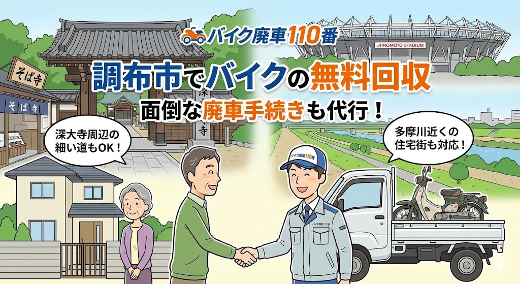 調布市でバイクの無料回収と廃車代行を行う「バイク廃車110番」のイラスト。深大寺の門前、味の素スタジアム、多摩川の河川敷を背景に、笑顔のスタッフが高齢の男女と握手し、バイクを積んだ軽トラックが停まっている様子。「深大寺周辺の細い道もOK!」「多摩川近くの住宅街も対応!」「調布市でバイクの無料回収」「面倒な廃車手続きも代行」の文字。