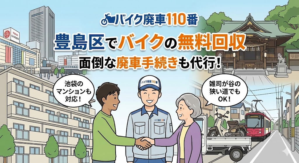 豊島区でバイクの無料回収と廃車代行を行う「バイク廃車110番」のイラスト。サンシャイン60を望む池袋のビル群、都電荒川線の路面電車、雑司が谷の歴史ある寺社を背景に、笑顔のスタッフが若年男性や高齢女性と握手し、バイクを積んだ軽トラックが停まっている様子。「池袋のマンションも対応!」「雑司が谷の狭い道でもOK!」「豊島区でバイクの無料回収」「面倒な廃車手続きも代行」の文字。
