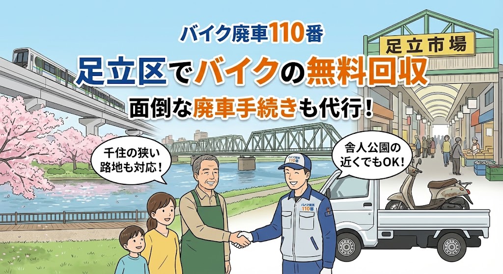 足立区でバイクの無料回収と廃車代行を行う「バイク廃車110番」のイラスト。日暮里・舎人ライナーの車両、足立市場のアーケード、荒川の河川敷と鉄橋を背景に、笑顔のスタッフがエプロン姿の高齢男性や親子連れと握手し、サビたバイクを積んだ軽トラックが停まっている様子。「千住の狭い路地も対応!」「舎人公園の近くでもOK!」「足立区でバイクの無料回収」「面倒な廃車手続きも代行」の文字。