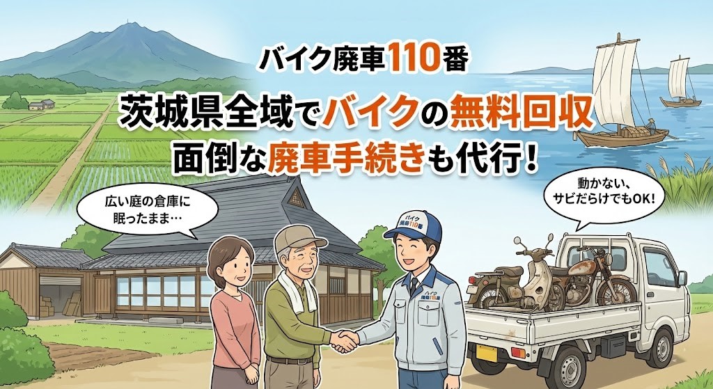 茨城県全域でバイクの無料回収と廃車代行を行う「バイク廃車110番」のイラスト。筑波山、霞ヶ浦の帆引き船、広大な田園風景を背景に、広い庭と倉庫を持つ農家の前で、笑顔のスタッフが高齢のご夫婦と握手している。軽トラックの荷台にはサビだらけの動かないバイクが積まれている。「広い庭の倉庫に眠ったまま…」「動かない、サビだらけでもOK!」という悩みへの回答と、「茨城県全域でバイクの無料回収」「面倒な廃車手続きも代行」の文字。