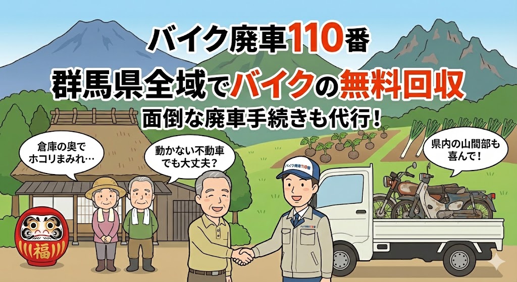 群馬県全域でバイクの無料回収と廃車代行を行う「バイク廃車110番」のイラスト。赤城山・春名山・妙義山を背景に、高崎だるま、ねぎやこんにゃくの田畑、茅葺き屋根の農家が描かれている。笑顔のスタッフが高齢の男性と握手し、軽トラックの荷台には古いバイクが積まれている様子。「倉庫の奥でホコリまみれ…」「動かない不動車でも大丈夫?」「県内の山間部も喜んで!」という悩みへの回答と、「群馬県全域でバイクの無料回収」「面倒な廃車手続きも代行」の文字。