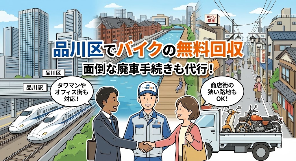 品川区でバイクの無料回収と廃車代行を行う「バイク廃車110番」のイラスト。品川駅と新幹線、タワーマンションやオフィスビルが立ち並ぶ街並み、目黒川の運河、戸越銀座のような活気ある商店街の狭い路地を背景に、笑顔のスタッフがビジネスマンや女性と握手し、バイクを積んだ軽トラックが停まっている様子。「タワマンやオフィス街も対応!」「商店街の狭い路地もOK!」という悩みへの回答と、「品川区でバイクの無料回収」「面倒な廃車手続きも代行」の文字。