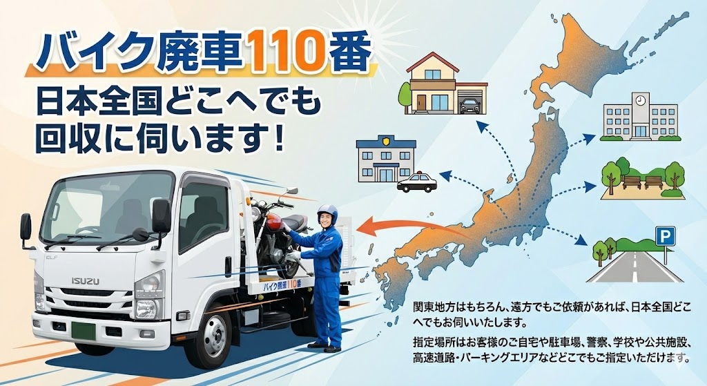 バイク廃車110番の全国回収サービスを紹介するアイキャッチ画像。日本地図を背景に、白いトラックと笑顔のスタッフ、回収場所(自宅、駐車場、警察、学校、公共施設、高速道路・PA)のアイコンが描かれ、日本全国どこへでも伺うことをアピールしています。