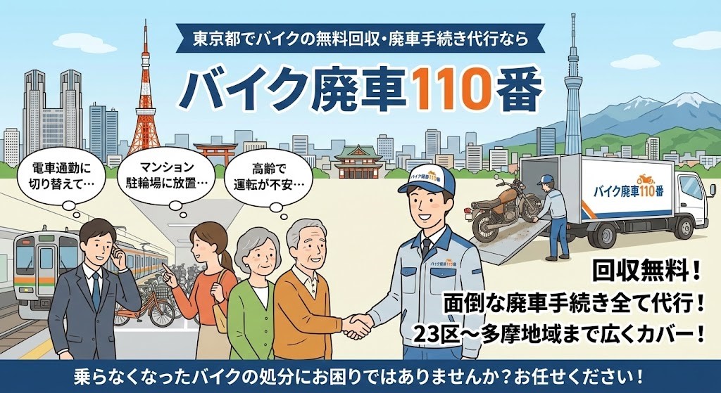 東京都全域でバイクの無料回収・廃車代行を行う「バイク廃車110番」のイラスト。東京タワー、スカイツリー、多摩の山々を背景に、電車通勤者、マンション居住者、高齢夫婦など様々な悩みを持つお客様とスタッフが笑顔で握手している様子。トラックへの積み込み風景と「23区から多摩地域まで広くカバー」の文字。