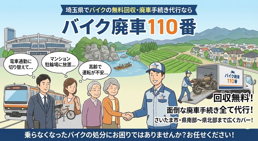 埼玉県全域でバイクの無料回収と廃車手続き代行を行う「バイク廃車110番」のイラスト。さいたまスーパーアリーナ、長瀞のライン下り、茶畑、秩父連山が見える景色を背景に、笑顔のスタッフがお客様(電車通勤者、マンション居住者、高齢夫婦)と握手し、バイクをトラックへ積み込んでいる様子。「回収無料」「手続き全て代行」「さいたま市・県南部〜県北部まで広くカバー」の文字。