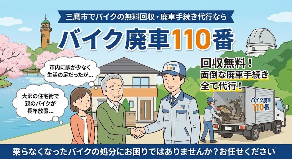 三鷹市でバイクの無料回収と廃車代行を行う「バイク廃車110番」のイラスト。国立天文台や井の頭公園のような三鷹市の風景を背景に、笑顔のスタッフがお客様と握手し、放置されていたバイクを回収している様子。「大沢の住宅街で放置」「生活の足だったが乗らなくなった」という悩みへの共感メッセージと、「回収無料」「手続き全て代行」の文字。