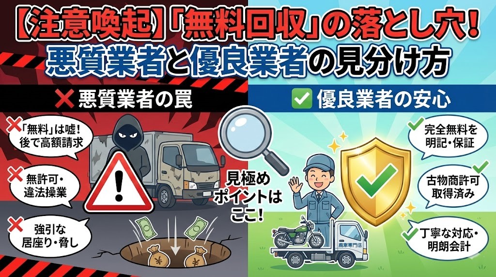 ブログ記事「【注意喚起】『無料回収』の落とし穴!悪質業者と優良業者の見分け方」の画像。左右のイラストで、左側の「悪質業者の罠(後で高額請求、無許可営業、強引な居座り)」と、右側の「優良業者の安心(完全無料保証、古物商許可取得、丁寧な対応)」を対比。虫眼鏡のアイコンで、トラブルを避けるための見極めポイントを分かりやすく図解している。