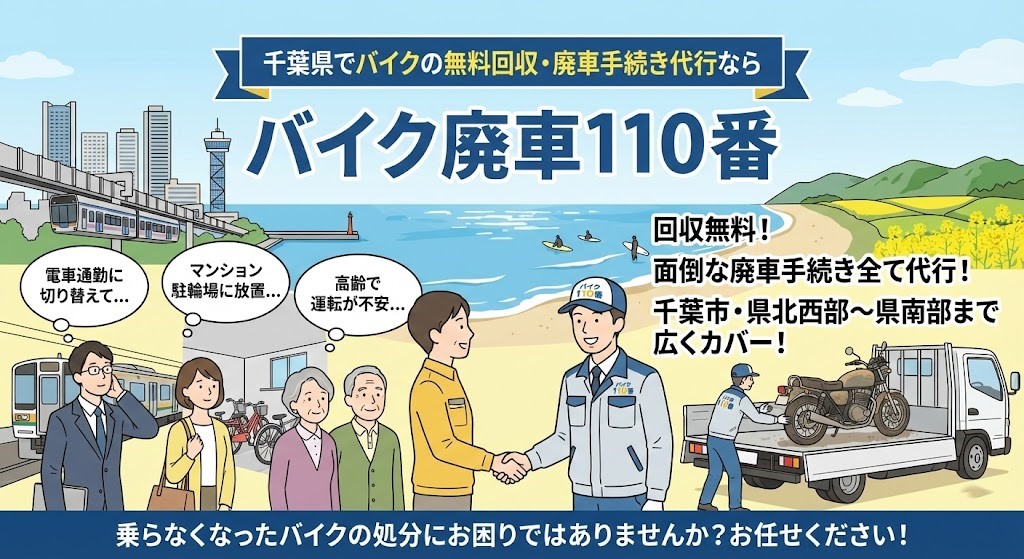 千葉県全域でバイクの無料回収と廃車手続き代行を行う「バイク廃車110番」のイラスト。千葉モノレール、九十九里浜の海、菜の花畑が見える景色を背景に、笑顔のスタッフがお客様(電車通勤者、マンション居住者、高齢夫婦)と握手し、バイクをトラックへ積み込んでいる様子。「回収無料」「手続き全て代行」「千葉市・県北西部〜県南部まで広くカバー」の文字。