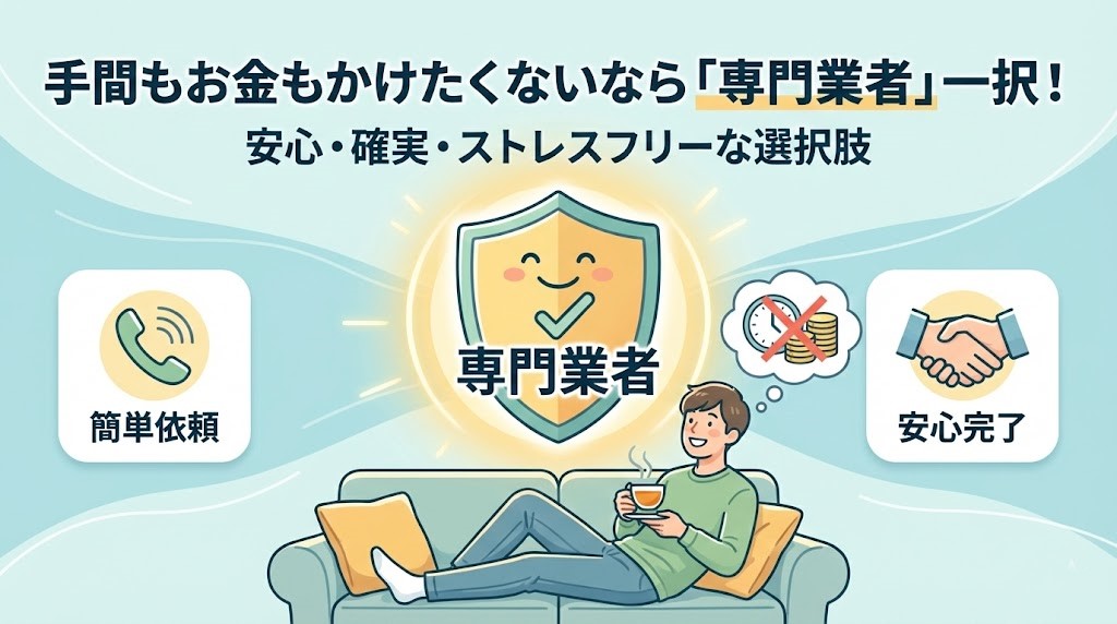 バイク廃車110番|「手間もお金もかけたくないなら『専門業者』一択!」というキャッチコピーのブログ画像。自宅のソファでくつろいでいる間に全てが完了する様子を描き、電話一本の簡単依頼で時間も費用もかからない「ストレスフリーな廃車処分」が可能であることを強調したイラスト。