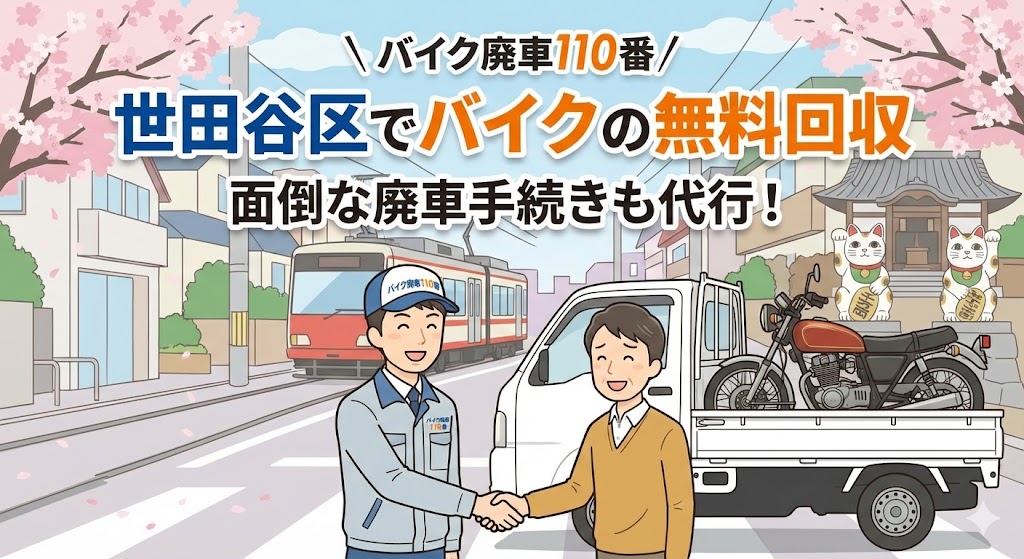世田谷区でバイクの無料回収と廃車手続き代行を行う「バイク廃車110番」のイラスト。世田谷線の路面電車、豪徳寺を思わせる招き猫、桜並木が広がる街並みを背景に、笑顔のスタッフがお客様と握手し、バイクを積んだ軽トラックが停まっている様子。「世田谷区でバイクの無料回収」「面倒な廃車手続きも代行」の文字。