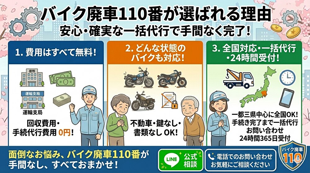 「バイク廃車110番が選ばれる理由」と書かれたインフォグラフィック画像。
「安心・確実な一括代行で手間なく完了!」というサブタイトルがあり、3つの大きな特徴がイラストとテキストで説明されている。
1.「費用はすべて無料!」(青):回収費用・手続き代行費用 0円!、役所・運輸支局・札束・ガッツポーズをするスタッフのイラスト。
2.「どんな状態のバイクも対応!」(オレンジ):不動車・鍵なし・書類なし OK!、動かないバイク・鍵・書類を背景に、困っている人と説明するスタッフのイラスト。
3.「全国対応・一括代行・24時間受付!」(緑):一都三県中心に全国OK! 手続き完了まで一括代行 お問い合わせ 24時間365日受付、トラック・日本地図・時計・スマートフォンのイラスト。
下部には「面倒なお悩み、バイク廃車110番が手間なし、すべておまかせ!」とあり、LINE公式相談、電話でのお問い合わせボタン、ロゴマーク「バイク廃車 110」が配置されている。背景は桜。
