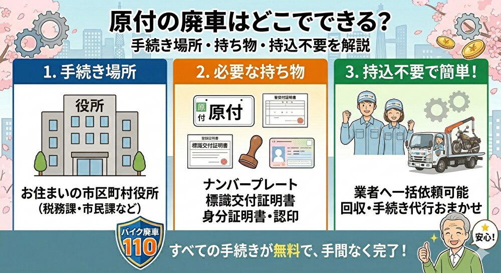 「原付の廃車はどこでできる?」と書かれた解説画像。手続きに関する情報を3つのポイントで説明している。1.手続き場所として「お住まいの市区町村役所」を案内。 2.必要な持ち物として「ナンバープレート」「標識交付証明書」「身分証明書・認印」を列挙。 3.業者(バイク廃車110番)への一括依頼で、持込不要で回収・手続き代行が可能であることを紹介。 下部には「すべての手続きが無料で、手間なく完了!」と書かれ、笑顔の高齢者ユーザーのイラストと「安心!」の吹き出しがある。