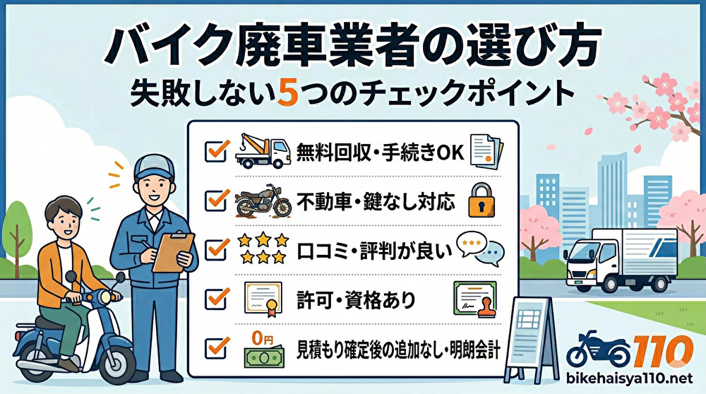 「バイク廃車業者の選び方 失敗しない5つのチェックポイント」と書かれたブログのアイキャッチ画像。チェックリスト形式で、1.無料回収・手続きOK、2.不動車・鍵なし対応、3.口コミ・評判が良い、4.許可・資格あり、5.見積もり確定後の追加なし・明朗会計、の5点を解説。バイクに乗った男性と笑顔のバイク廃車110番のスタッフ、回収トラックが描かれたデザイン。