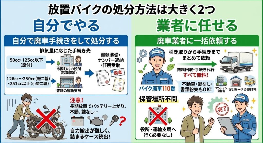 放置バイクの処分方法を「自分でやる」場合と「業者に任せる」場合で比較したインフォグラフィック。自分で行う際の手続き(役所や運輸支局)の煩雑さや不動車の移動の困難さと、バイク廃車110番なら無料で回収から手続き代行まで一括依頼できるメリットを対比して説明する画像。