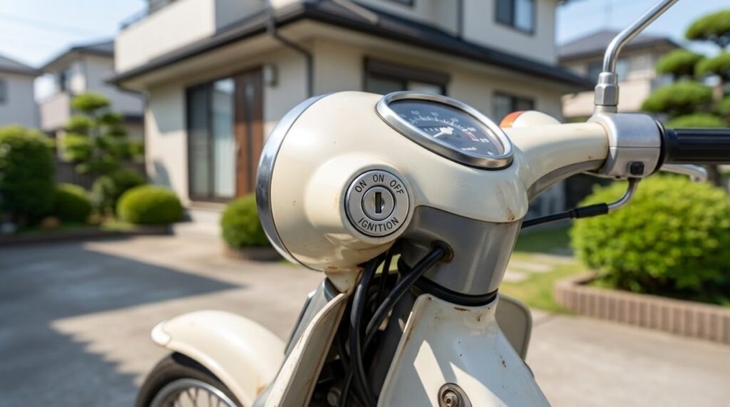 比較的状態の良いクラシックな原付バイクの鍵穴(イグニッションシリンダー)のクローズアップ。破損はなく清潔だが、物理的な鍵は存在せず、周囲に蔦(つた)なども絡まっていない。